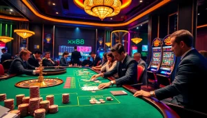xx88 win on a lively casino floor with players and professional croupiers engaged in thrilling gameplay.