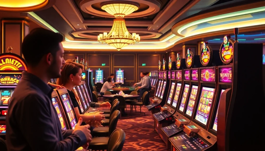 Rasakan sensasi menang di slot Depo 1K dengan mesin warna-warni dan pemain antusias di kasino mewah.