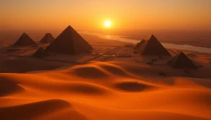 Experience the stunning view of pyraminds illuminated by sunset in Egypt's desert.