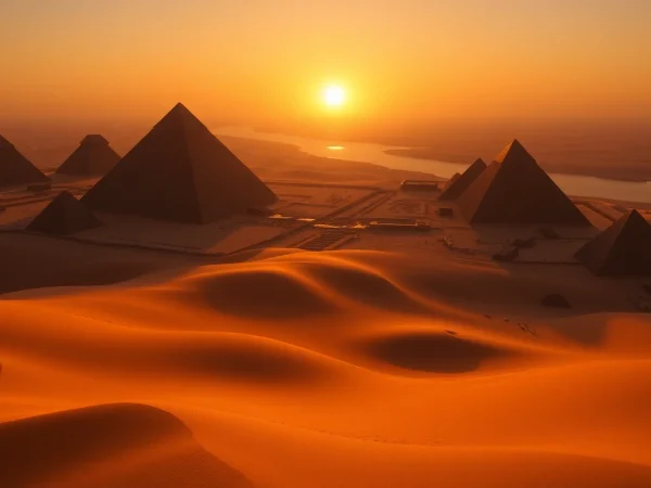 Experience the stunning view of pyraminds illuminated by sunset in Egypt's desert.