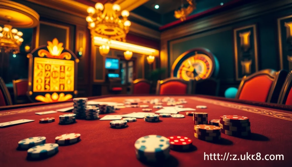 Một cảnh sòng bạc sống động thể hiện chip bài, xúc xắc và máy đánh bạc, đại diện cho sự hứng khởi khi đánh bạc tại https://luck8.com