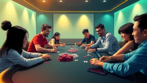 Exciting online gaming experience at topgamebaidoithuong.mx with diverse players engaged at a modern gaming table.