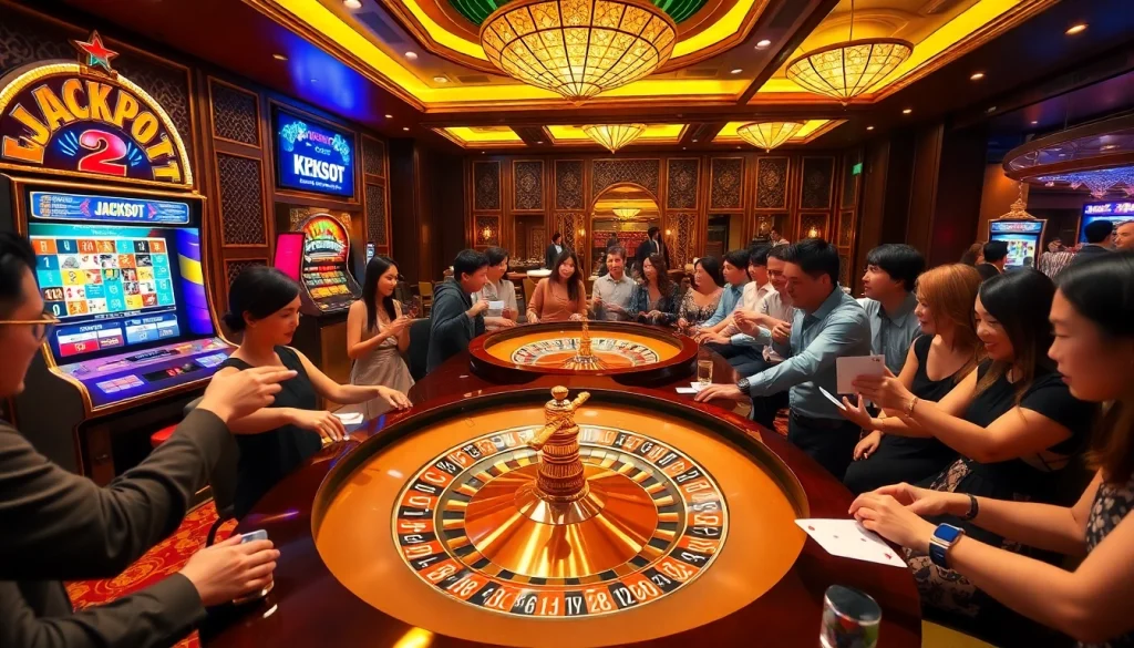 Exciting gambling action at Trang chủ KK55 with tables, chips, and vibrant roulette.