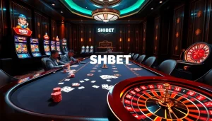 SHBET players enjoying an intense poker game in a luxurious casino atmosphere.