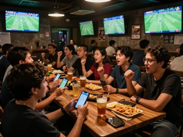 Bóng đá Bet168 sports enthusiasts placing bets in an energetic bar setting.