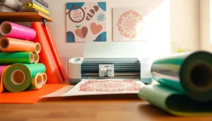 Colorful Cricut SVG designs being cut with a Cricut machine in a vibrant workspace.