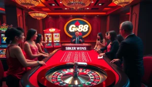 GO88 casino players enjoying a thrilling game with poker chips and slot machines.