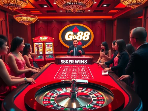 GO88 casino players enjoying a thrilling game with poker chips and slot machines.