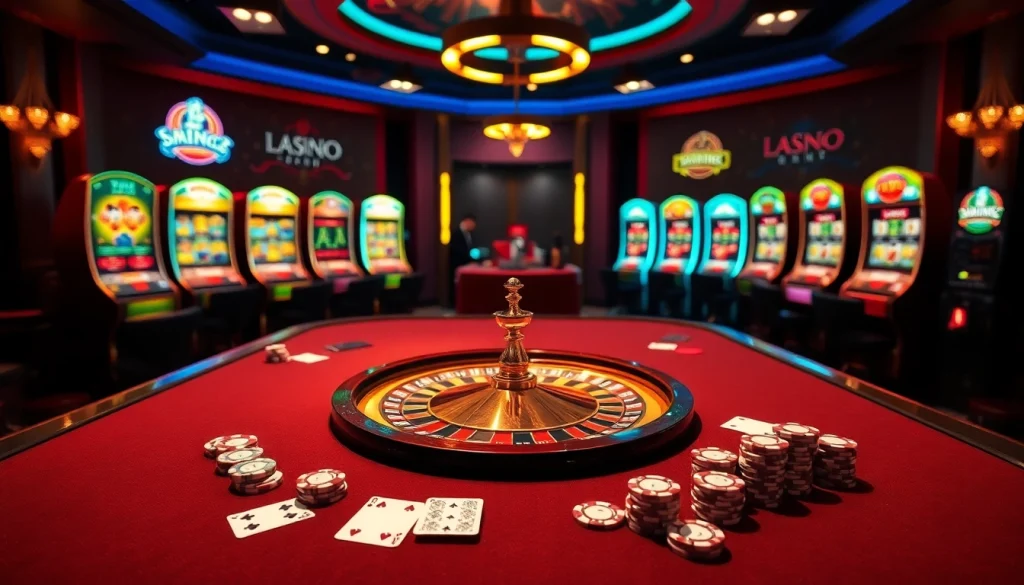 Scène de jeu en ligne excitante mettant en avant des éléments de casino en ligne France comme la roulette et les jetons de poker.