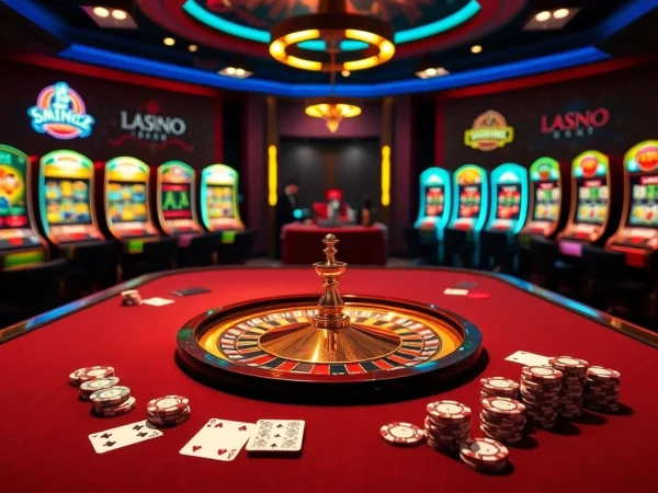 Scène de jeu en ligne excitante mettant en avant des éléments de casino en ligne France comme la roulette et les jetons de poker.