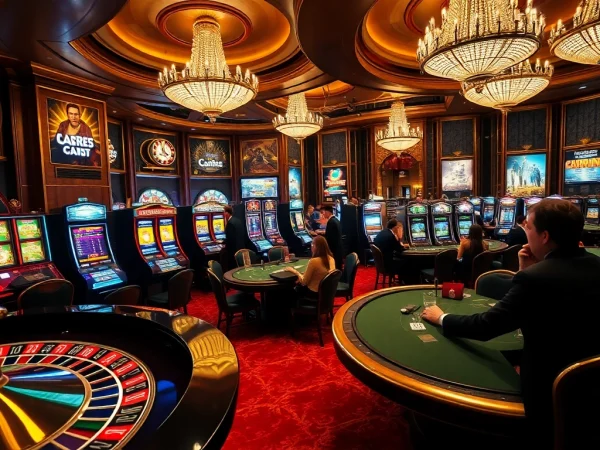 Zonafilm's gaming experience highlighted by a lively casino with roulette, poker, and slot machines.