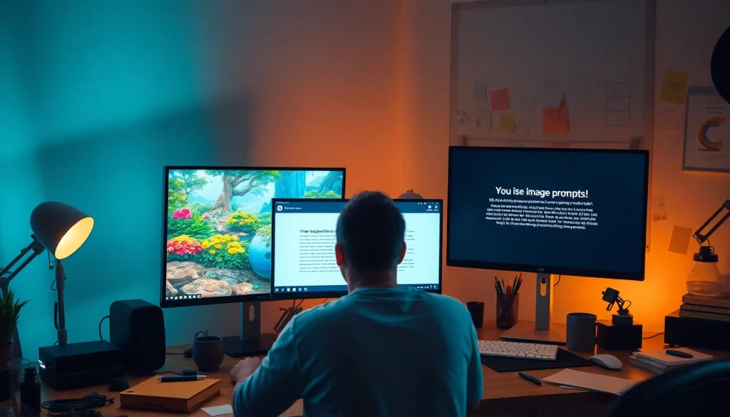 Creative workspace showcasing an image to prompt generator in action, full of vibrant images and structured prompts.
