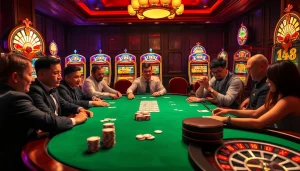LUCK8 offers a vibrant casino scene with engaged players at a table, showcasing excitement in gambling.