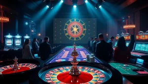 Scène captivante de 'casino en ligne Français' mettant en avant des machines à sous vibrantes et des joueurs animés.