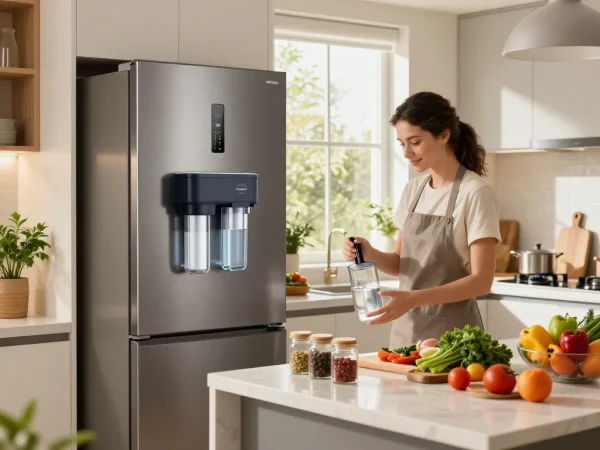 Waterdrop EDR4RXD1 Refrigerator Water Filter attached to a modern kitchen fridge with fresh ingredients.