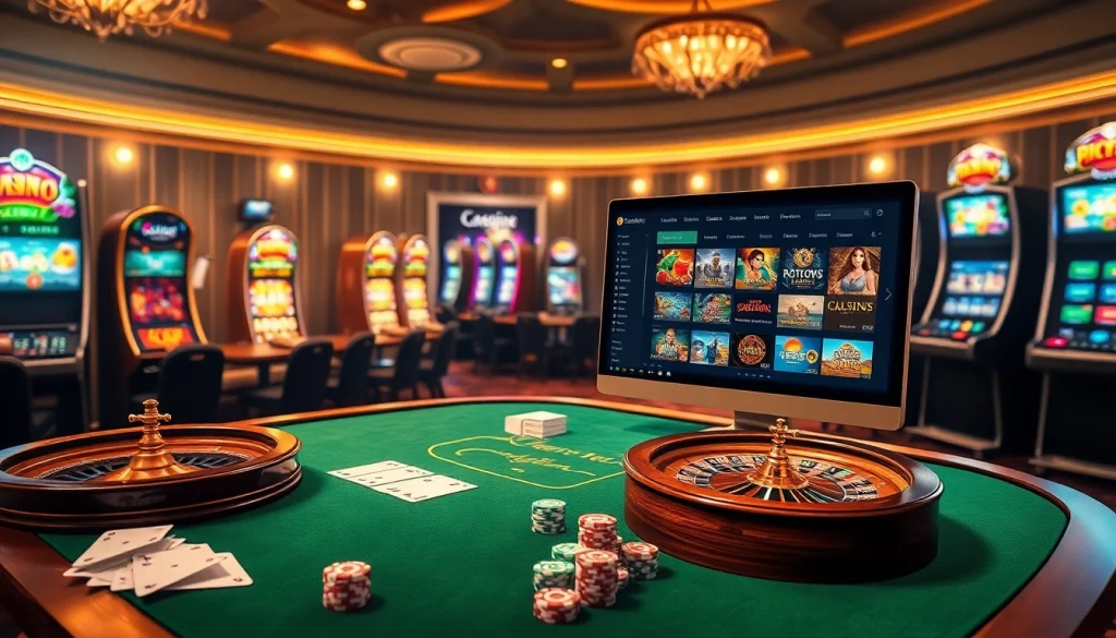 Scène excitante dans un casino en ligne Français, avec des tables de poker, des roues de roulette et des machines à sous vibrantes.