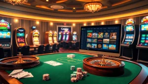 Scène excitante dans un casino en ligne Français, avec des tables de poker, des roues de roulette et des machines à sous vibrantes.
