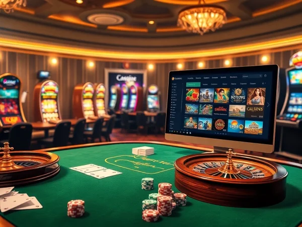 Scène excitante dans un casino en ligne Français, avec des tables de poker, des roues de roulette et des machines à sous vibrantes.