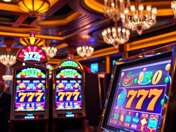 Mainkan slot 777 dengan simbol berkilau di kasino mewah yang penuh semangat.