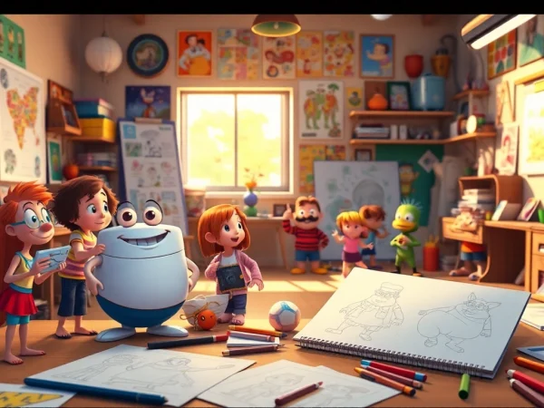 2D Animation kreative Prozesse in einem lebhaften Animationsstudio visuell darstellen.