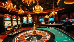 Scène excitante de casino en ligne français avec des machines à sous vibrantes et une roue de la fortune.