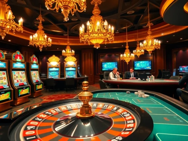 Scène excitante de casino en ligne français avec des machines à sous vibrantes et une roue de la fortune.