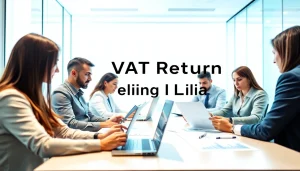 VAT Return Filing in UAE depicted in a professional office with diverse team reviewing financial documents.
