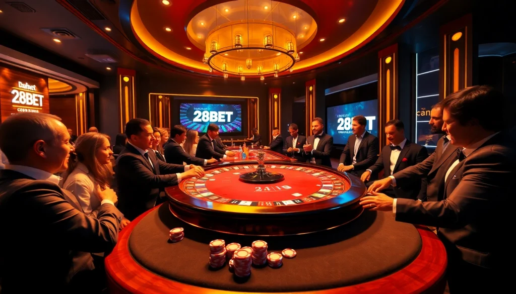 Engaging players celebrate wins at a luxurious poker table in a vibrant casino scene with the 28BET logo.
