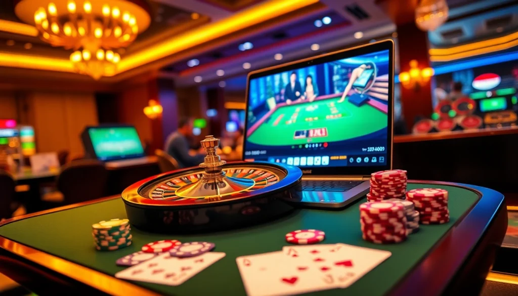 Scène engageante de casino en ligne Français mettant en avant le luxe du jeu en ligne avec des éléments de roulette et de poker.