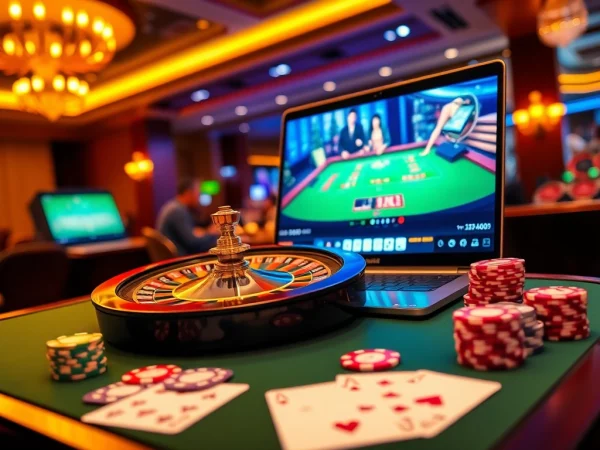 Scène engageante de casino en ligne Français mettant en avant le luxe du jeu en ligne avec des éléments de roulette et de poker.