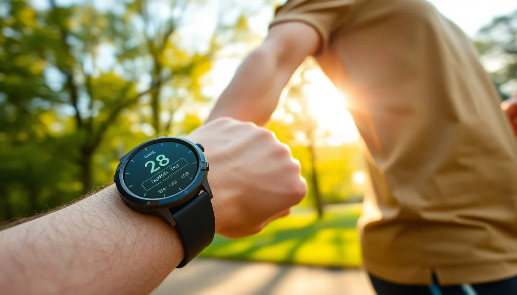 Engaged fitness enthusiast showcasing a Pulse Smart Watch with vibrant tracking stats during outdoor exercise.