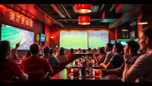 Exciting sports betting scene showcasing 토토스토리 supporters enjoying a live match at a modern bar.