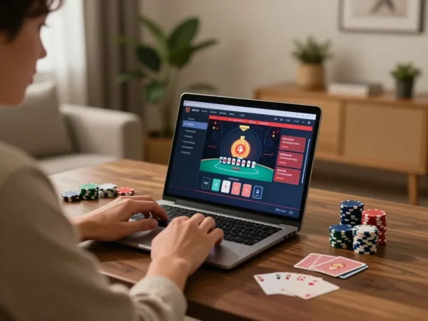 Engaging poker gameplay at home with Liên Hệ & Hợp Tác focus, strategic decisions made on laptop screen.