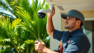 Técnico de seguridad instalando cámaras de vigilancia avanzadas para la protección del hogar en Guanacaste.