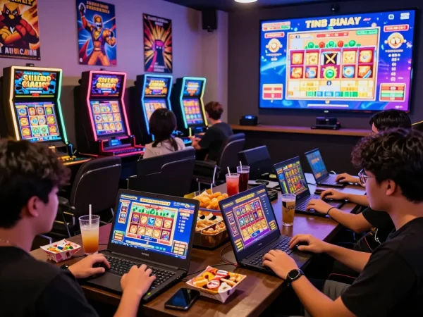 Suasana permainan yang mengasyikkan dengan teman-teman menikmati situs slot gacor di smartphone dan laptop, suasana yang hidup.