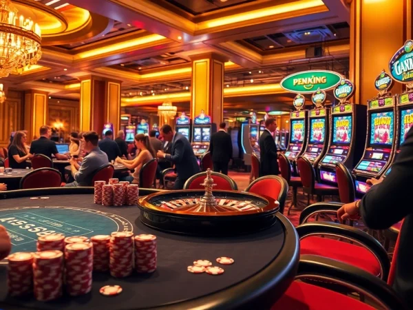 Enjoy thrilling gaming moments with PG soft เครดิตฟรี50 at a luxurious casino showcasing poker, roulette, and exciting slots.