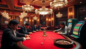 Professional gamblers enjoying poker at 88VV casino with vibrant slot machines and roulette.