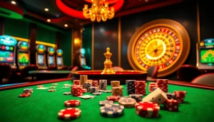 Scène engageante capturant l'excitation du casino en ligne avec des tables, des jetons et des machines à sous vibrantes.