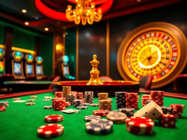 Scène engageante capturant l'excitation du casino en ligne avec des tables, des jetons et des machines à sous vibrantes.