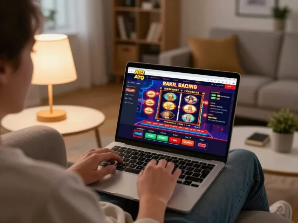 Engaging with ATQ online casino on laptop in cozy home setting, capturing the thrill of gameplay.