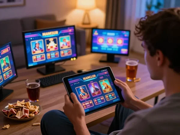 Engaging gameplay on the ManClub app in a cozy home setting with a player using a tablet.