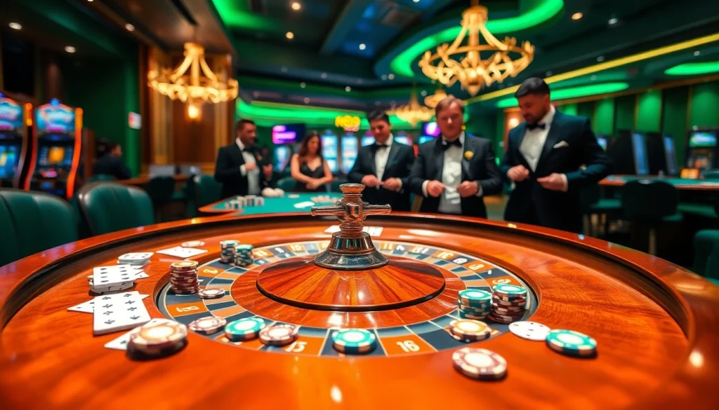 Experience thrilling gameplay at RR99 casino with glamorous casino tables and excited players.