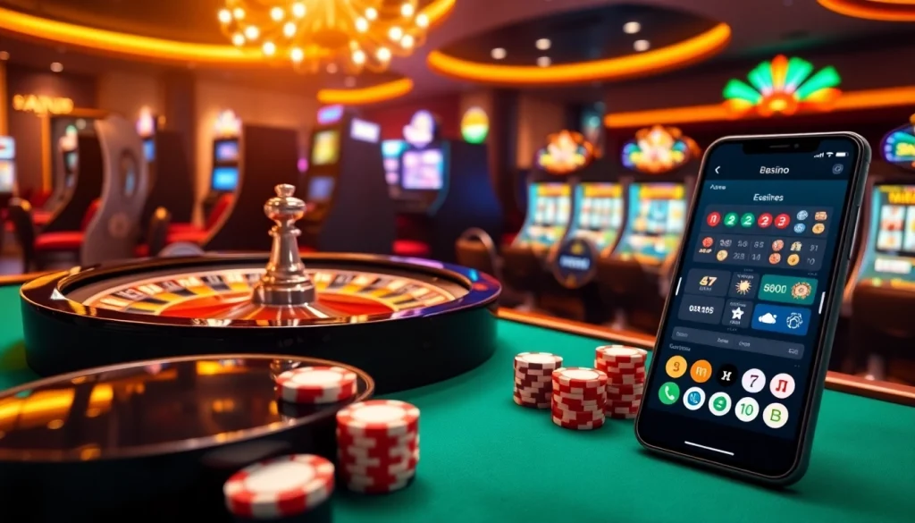 Une magnifique image de casino en ligne Français présentant une roulette, des jetons de poker et des interfaces de jeu modernes.