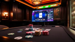 Engaging poker scene showcasing idn poker gameplay with vibrant chips and cards on a sleek table.