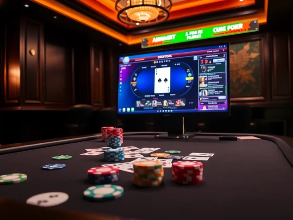 Engaging poker scene showcasing idn poker gameplay with vibrant chips and cards on a sleek table.