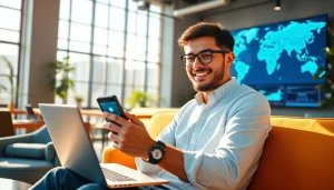 在现代工作空间中使用的快连 VPN 应用，展示无缝连接和用户满意度。