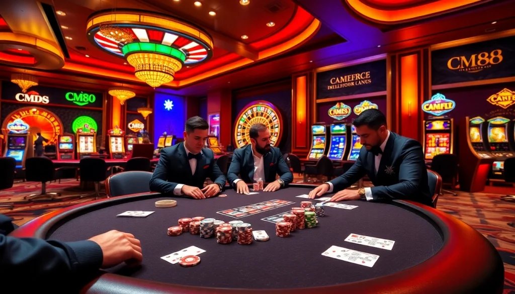 Experience the thrill of CM88 at a vibrant casino with poker chips and roulette wheels.