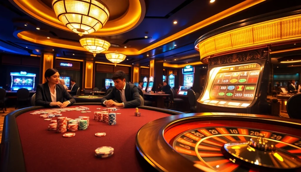 Experience thrilling gameplay at mm88 with vibrant poker tables and a roulette wheel.