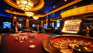 Experience thrilling gameplay at mm88 with vibrant poker tables and a roulette wheel.