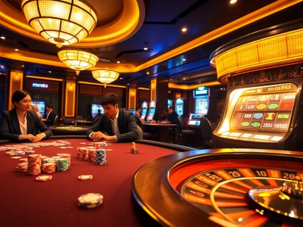 Experience thrilling gameplay at mm88 with vibrant poker tables and a roulette wheel.